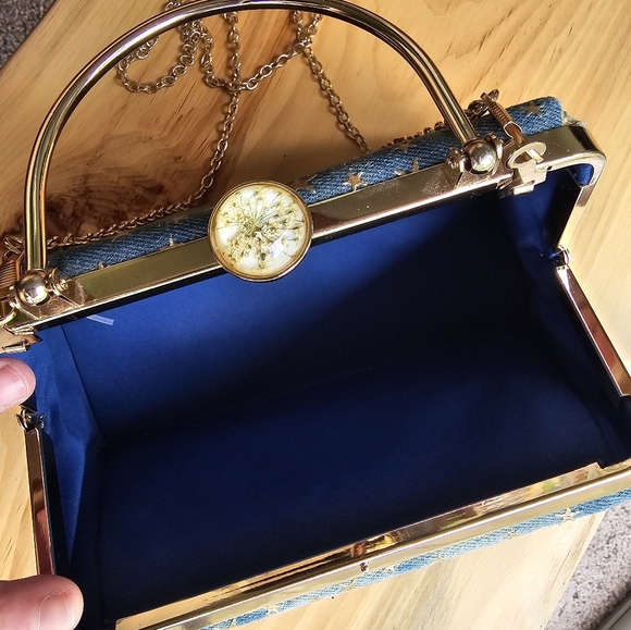 Gold Embossed Star Denim Crossbody Handbag - Picture 8 of 11